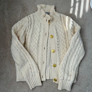 J Crew Cable-knit ruffleneck cardigan sweater